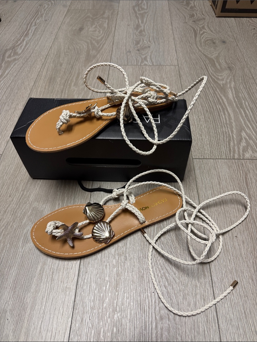 Fashion Nova White Braided Lace-Up Sandals with Shell Charms NEW